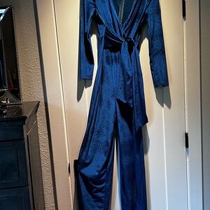 Elegant Blue Satin Jumpsuit with Wrap Design
